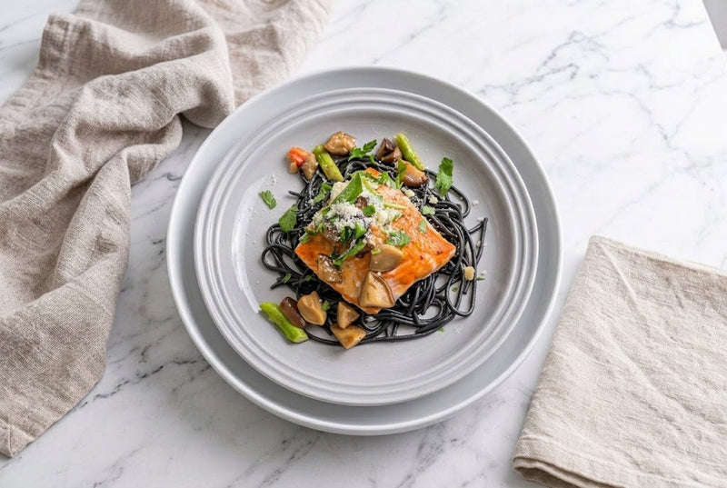 Pan-Seared Salmon on Squid Ink Pasta with