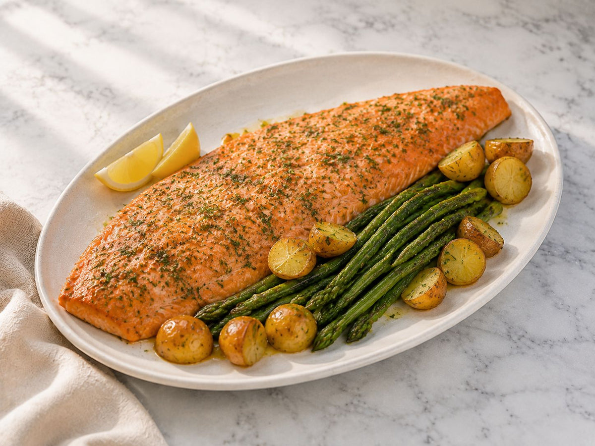 Whole Baked Salmon with Lemon, Dill & Roasted Vegetables