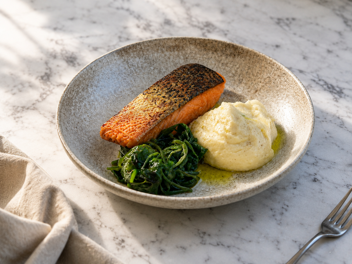 Baked Salmon Fillet with Sautéed Spinach & Mashed Potato