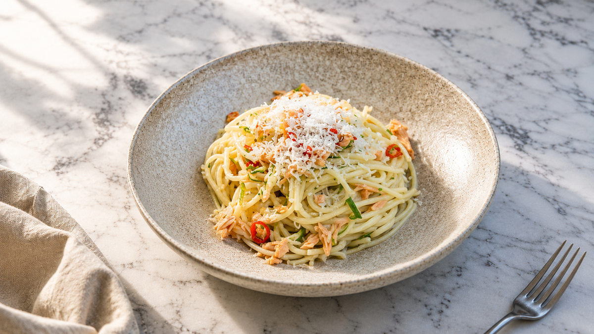 Hot-Smoked Salmon Aglio e Olio Pasta