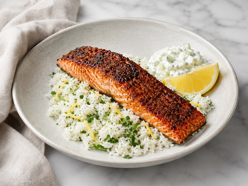 Chili Marinated Salmon with Lemon Herb Rice