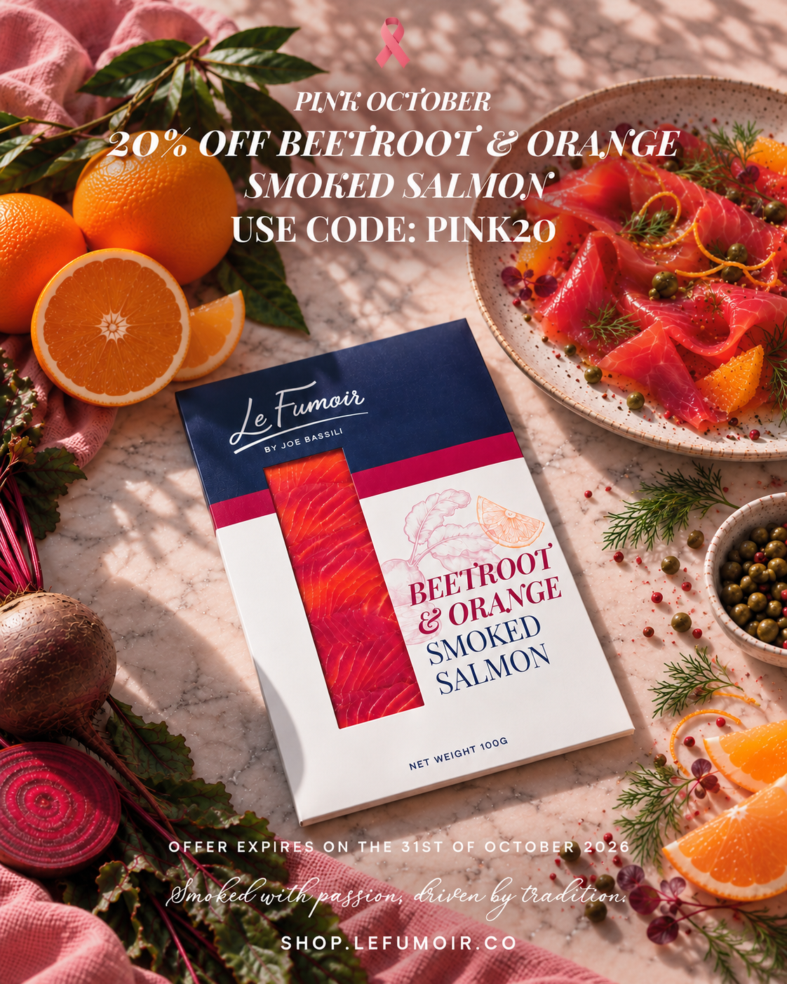 Le Fumoir Beetroot & Orange Smoked Salmon available with 20% off for Pink October 2026.
