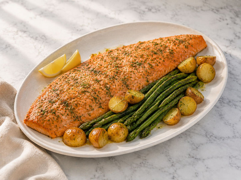 Whole Baked Salmon with Lemon, Dill & Roasted Vegetables