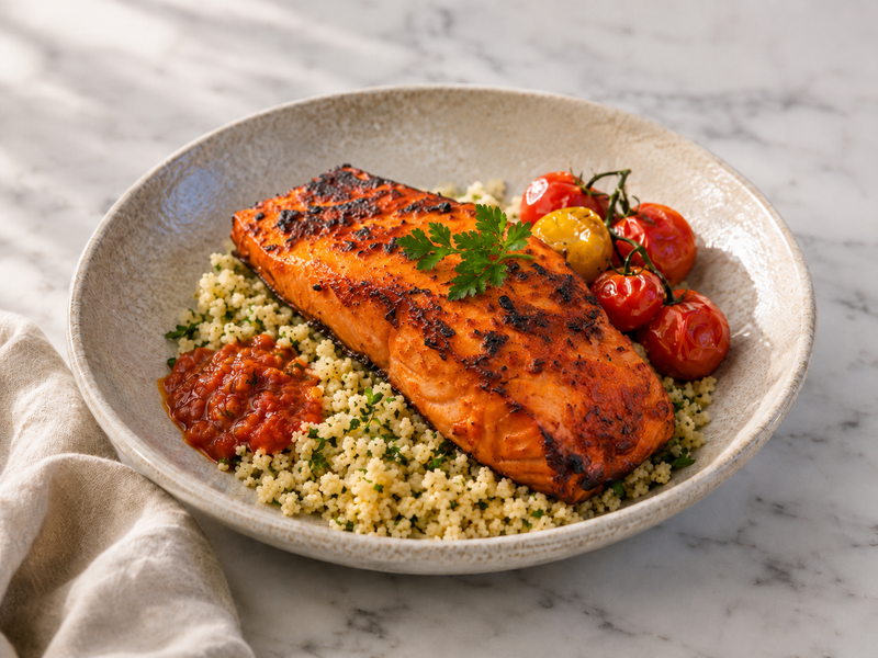 Tomato Marinated Salmon with Herbed Couscous