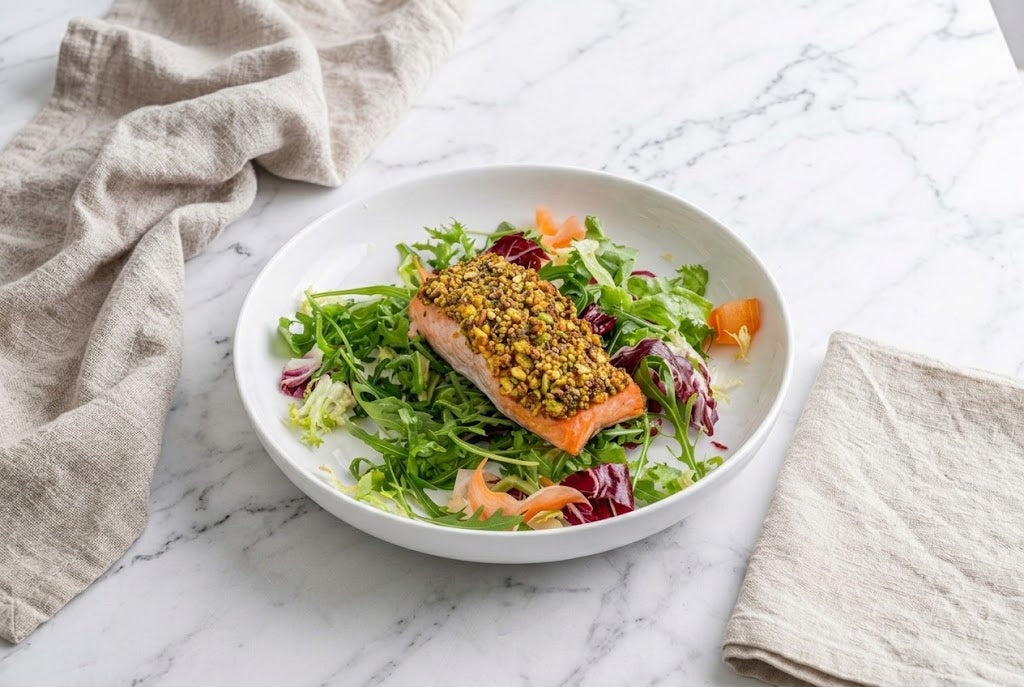 Pistachio-Crusted Salmon over Warm Tuscan Cannellini Salad