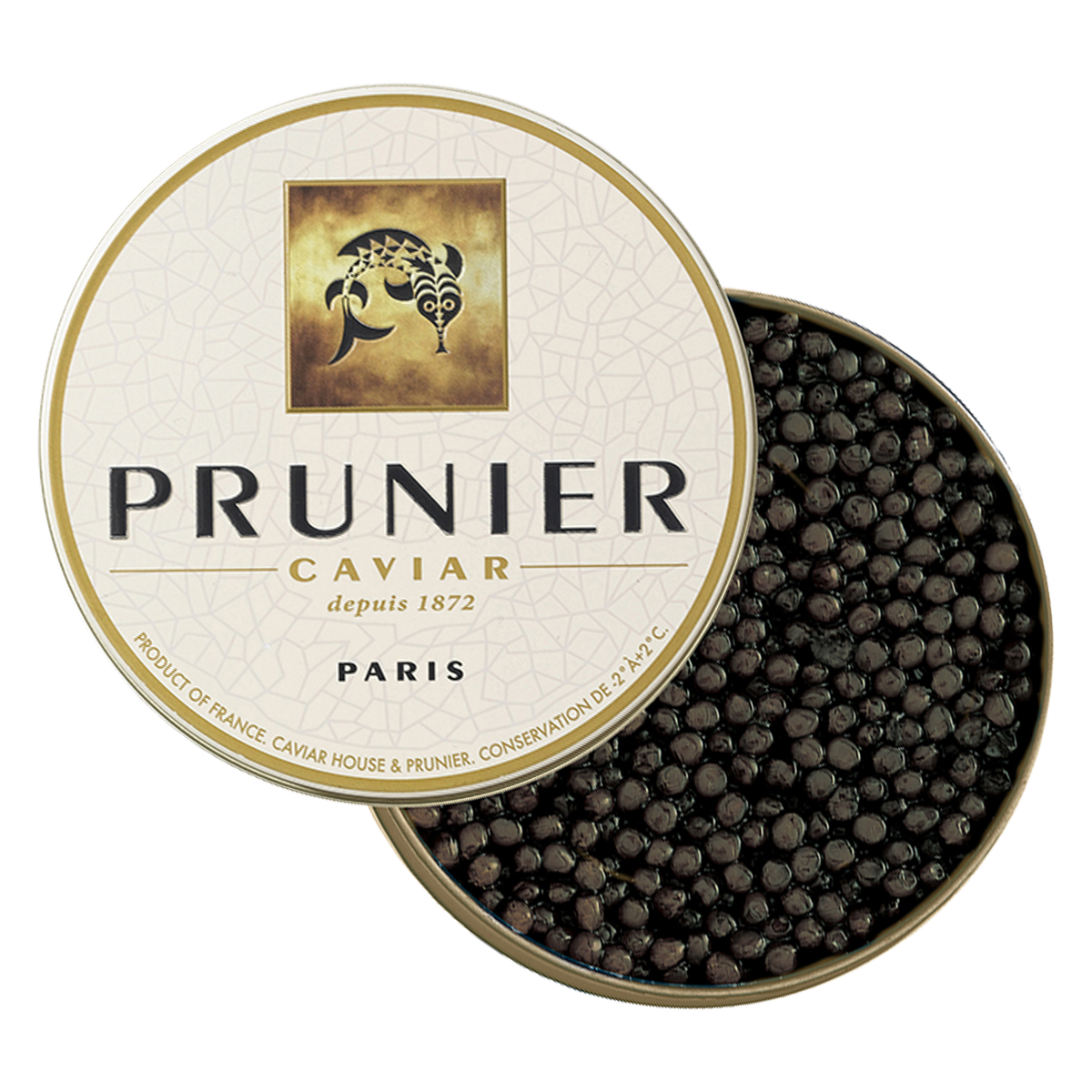 Prunier Paris caviar tin opened with black French caviar pearls