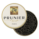 Prunier Paris caviar tin opened with black French caviar pearls