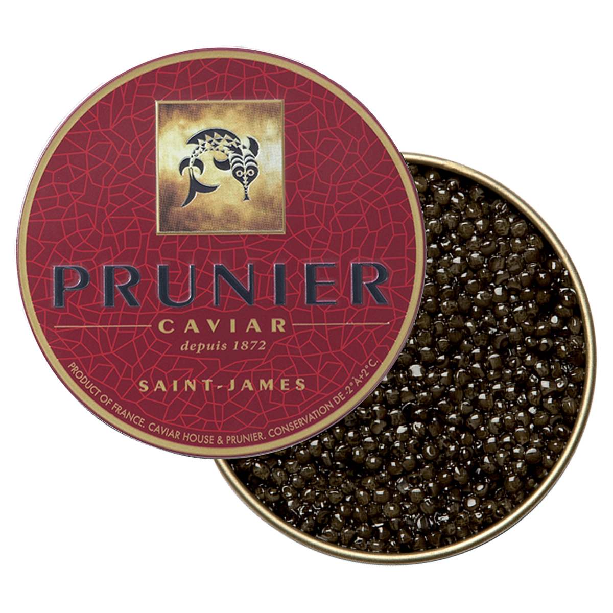 Prunier Saint-James caviar tin opened with black French caviar pearls