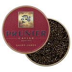 Prunier Saint-James caviar tin opened with black French caviar pearls
