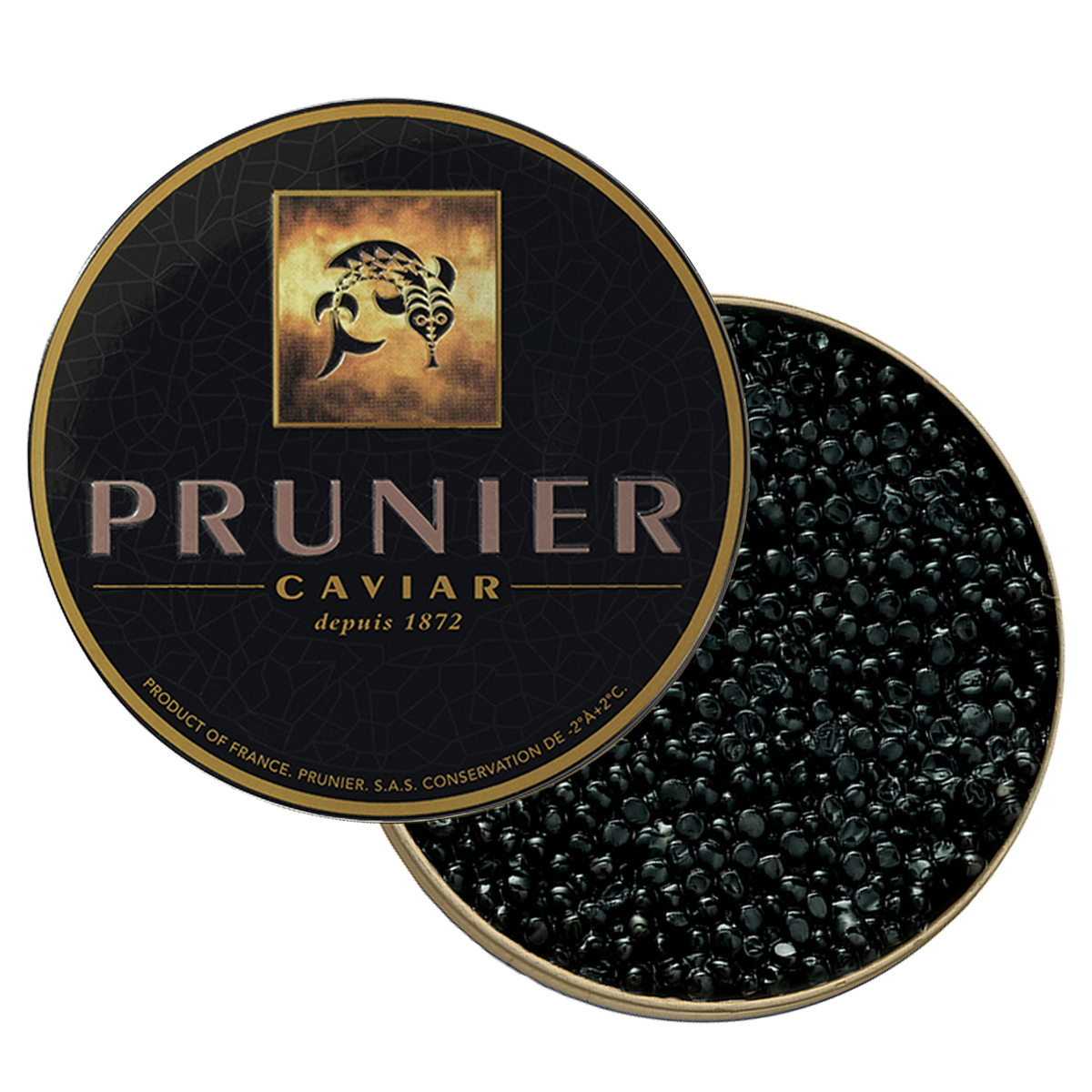 Prunier Tradition caviar tin opened with black French caviar pearls